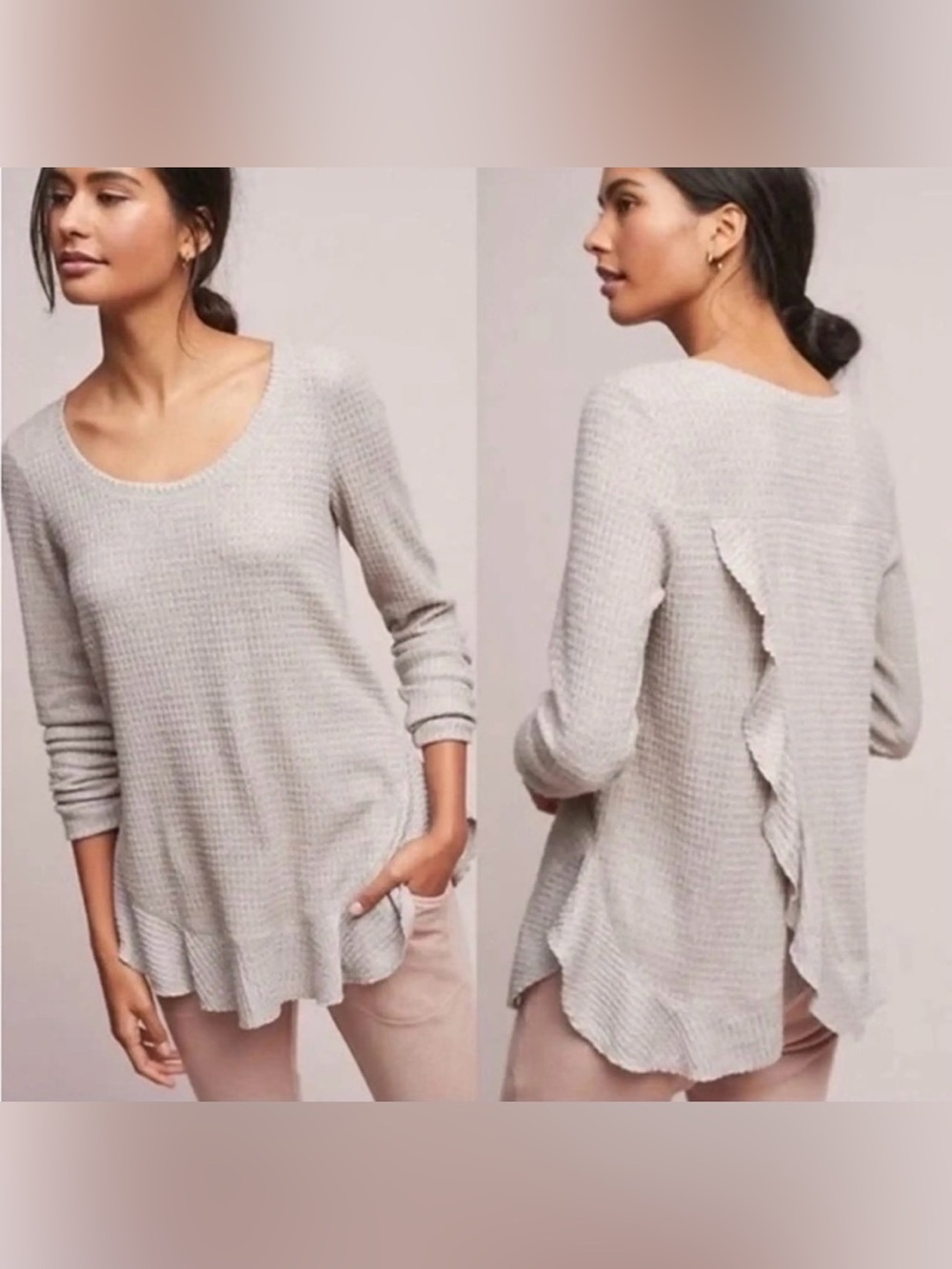 Anthropologie Saturday Sunday Wendy Waffle Knit Ruffle Hem Thermal Top Small